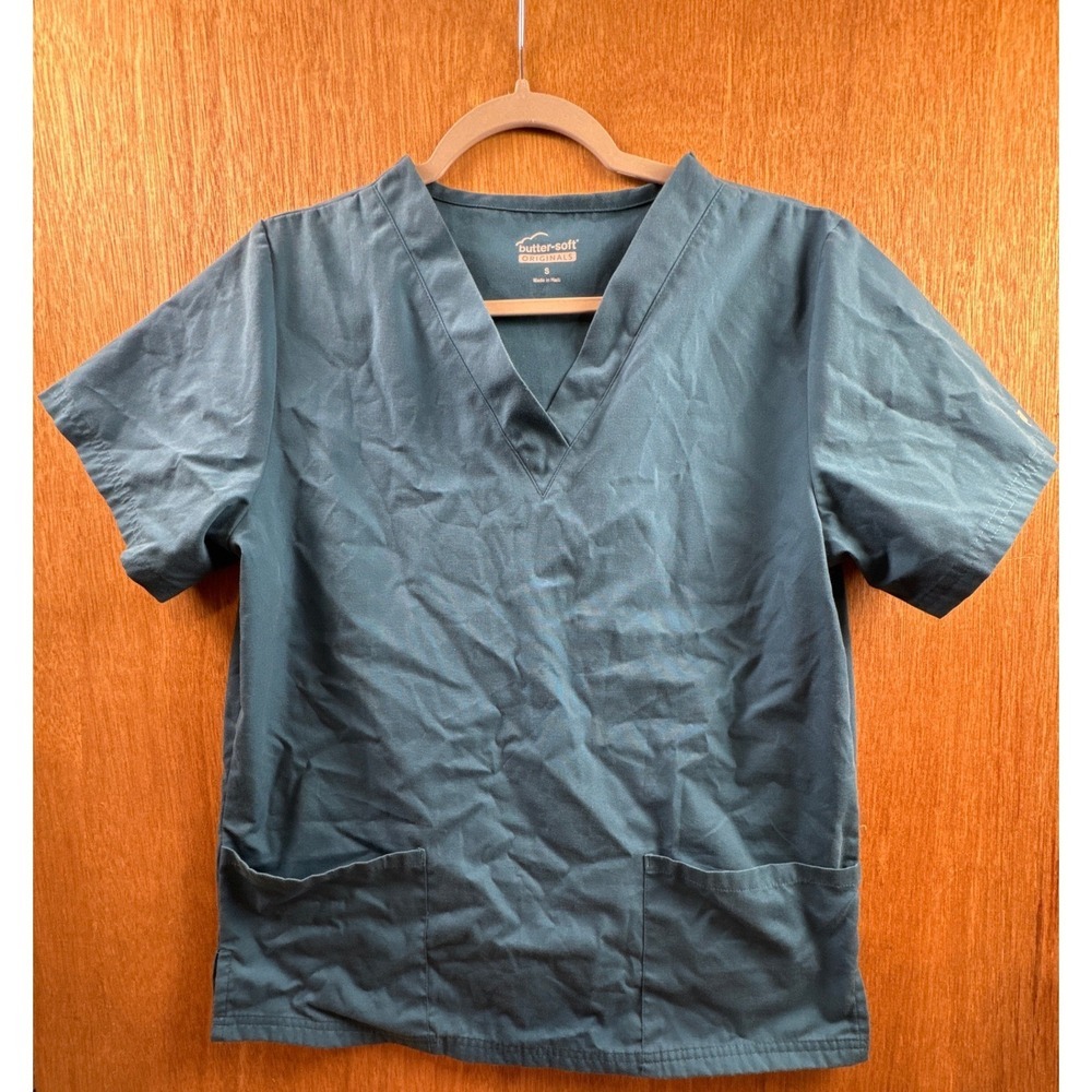 Butter-Soft Originals Scrub Top Womens S Blue Excellent V-Neck Pockets Medical